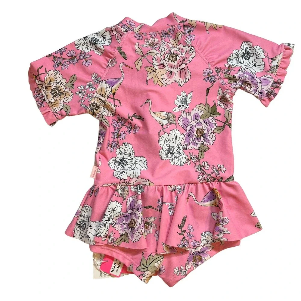 Seafolly Pink Floral Short Sleeve Boyleg Tank Size‎ 0 (6-12 month) New